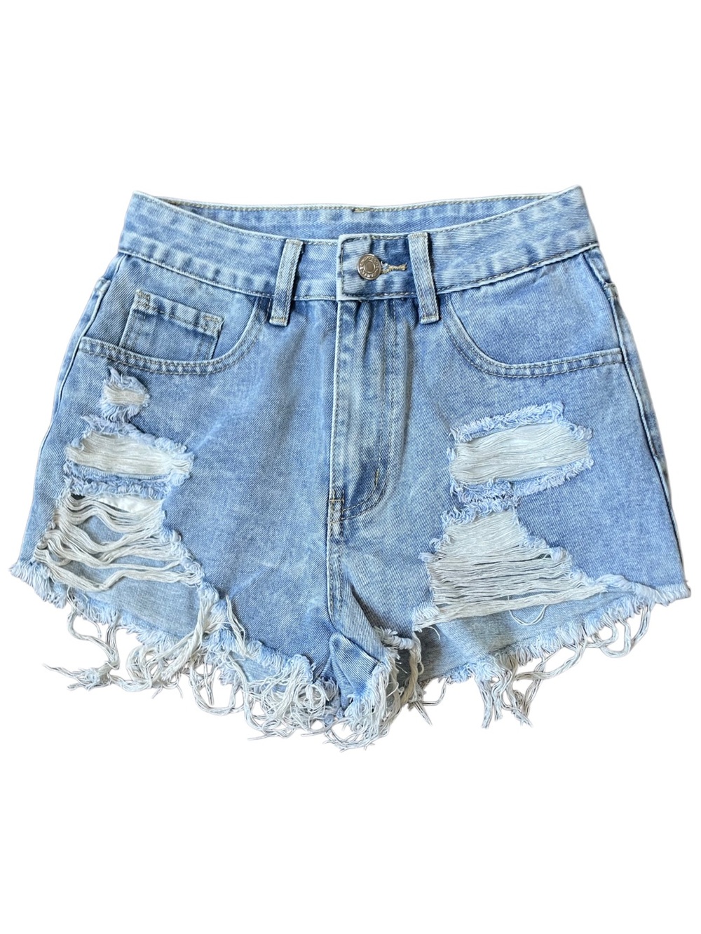 Everyday Light Wash Denim Casual Jean Shorts With Cutoff Style Fringe Trim